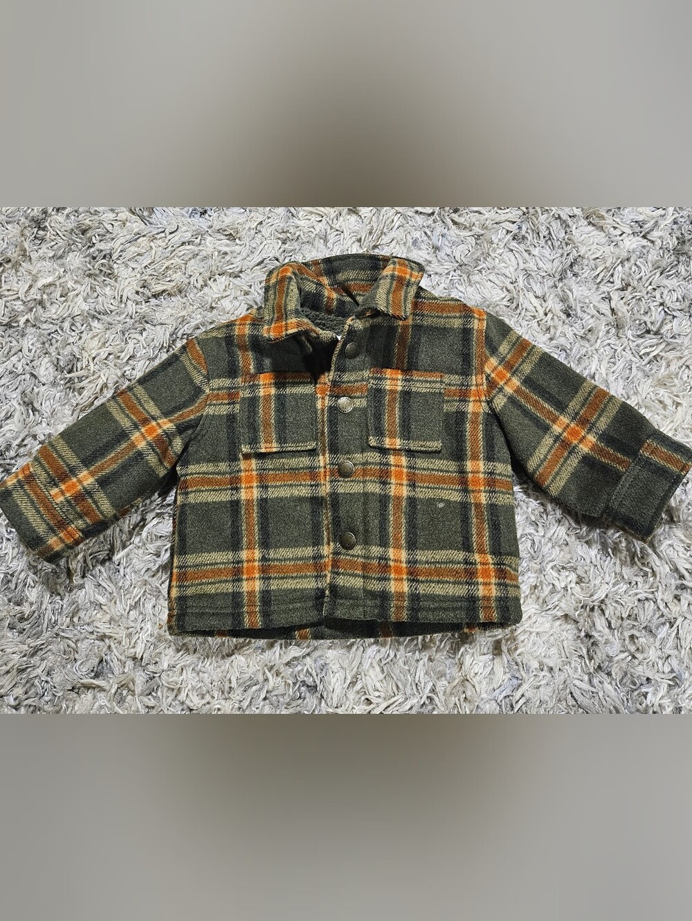 Kids Plaid Button-Up Jacket in Olive & Orange